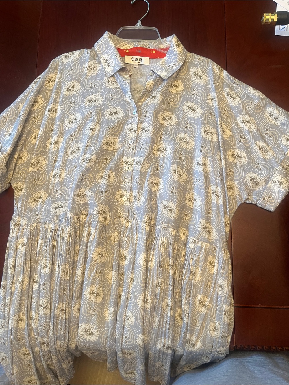 Sea Light Blue & Cream Button-Front Floral Tunic